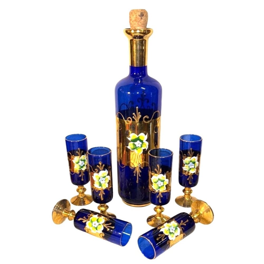 Vintage Bohemian Cobalt Blue & Gold Hand-Painted Glass Decanter Set With Floral